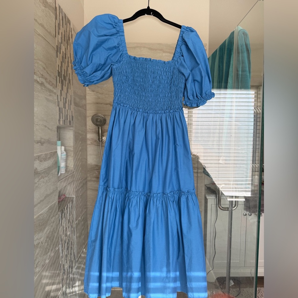 Blue Puff Sleeve Midi Dress